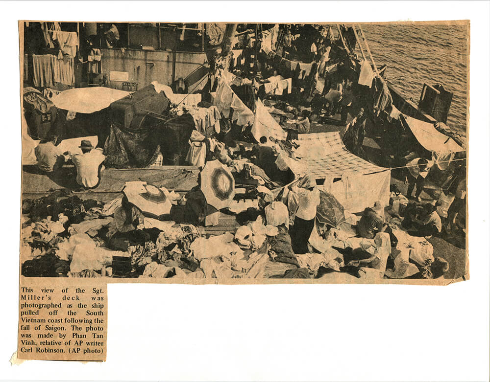newspaper clipping showing the Sgt. Miller ship as it left South Vietnam in 1975